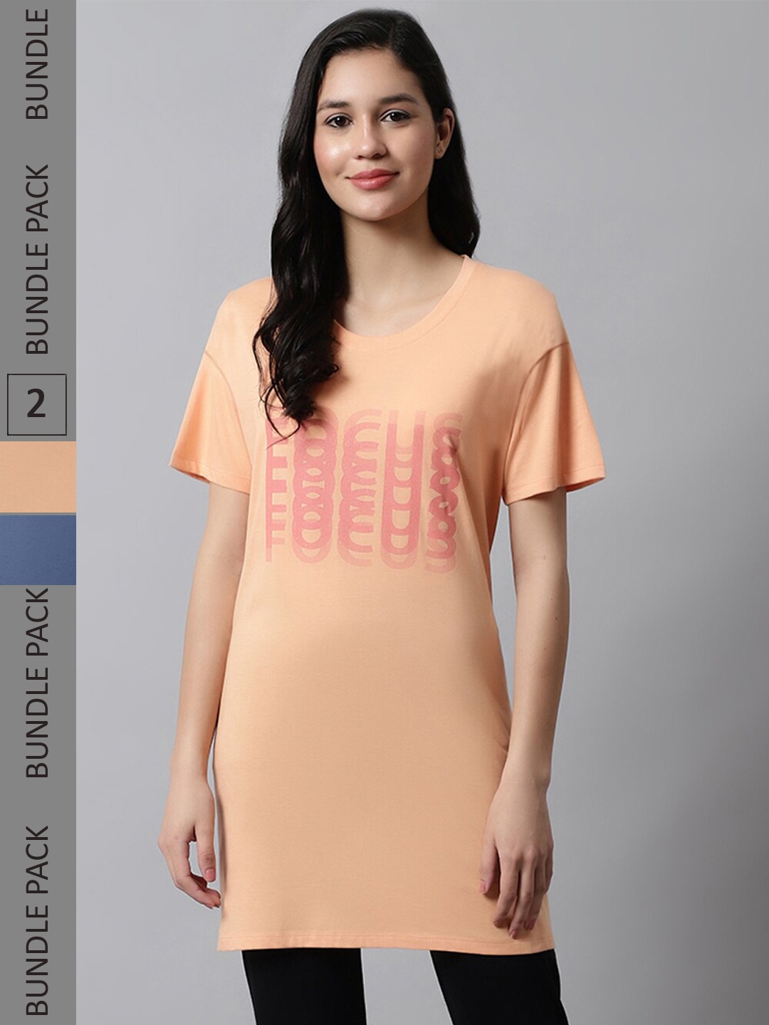

Kanvin Women Orange & Blue Pack Of 2 Printed Drop Shoulder Sleeves Loose Longline T-shirts