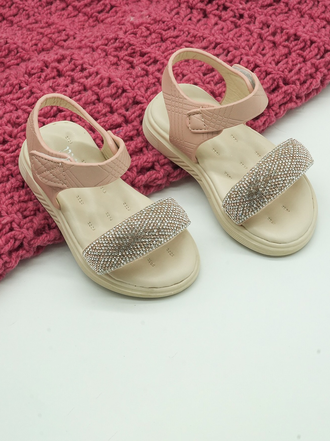 

FEETWELL SHOES Girls Embellished Open Toe Flats, Beige