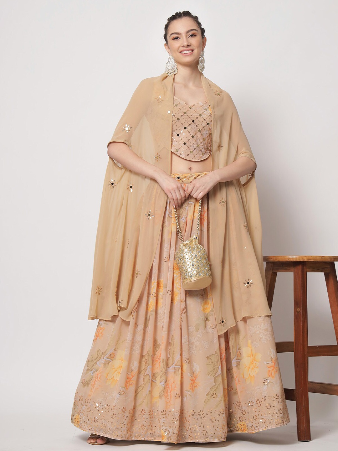 

ODETTE Sequinned & Mirror Work Semi-Stitched Lehenga & Unstitched Choli With Shrug, Beige