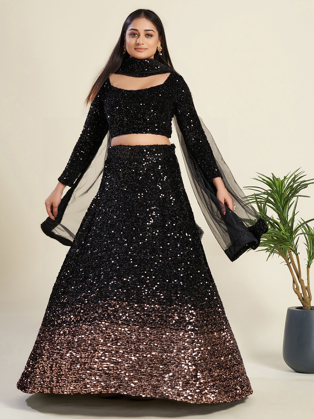 

ODETTE Embellished Sequinned Semi-Stitched Lehenga & Unstitched Blouse With Dupatta, Black