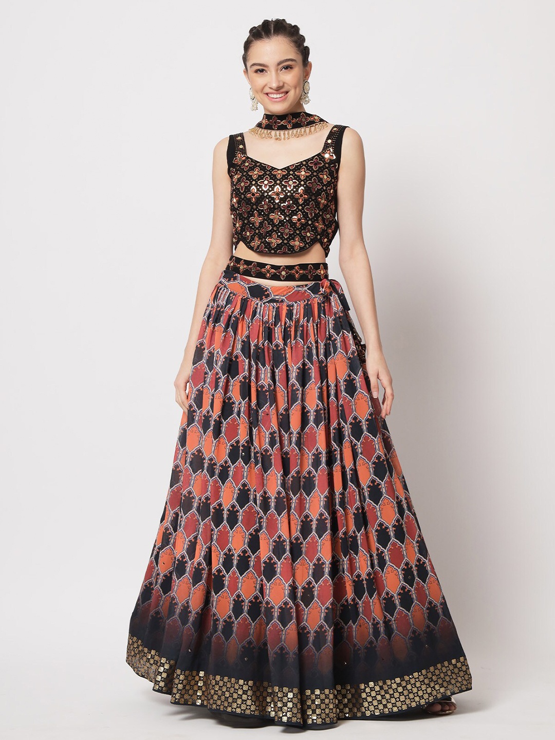 

ODETTE Embellished Sequinned Semi-Stitched Lehenga & Unstitched Blouse With Dupatta, Black