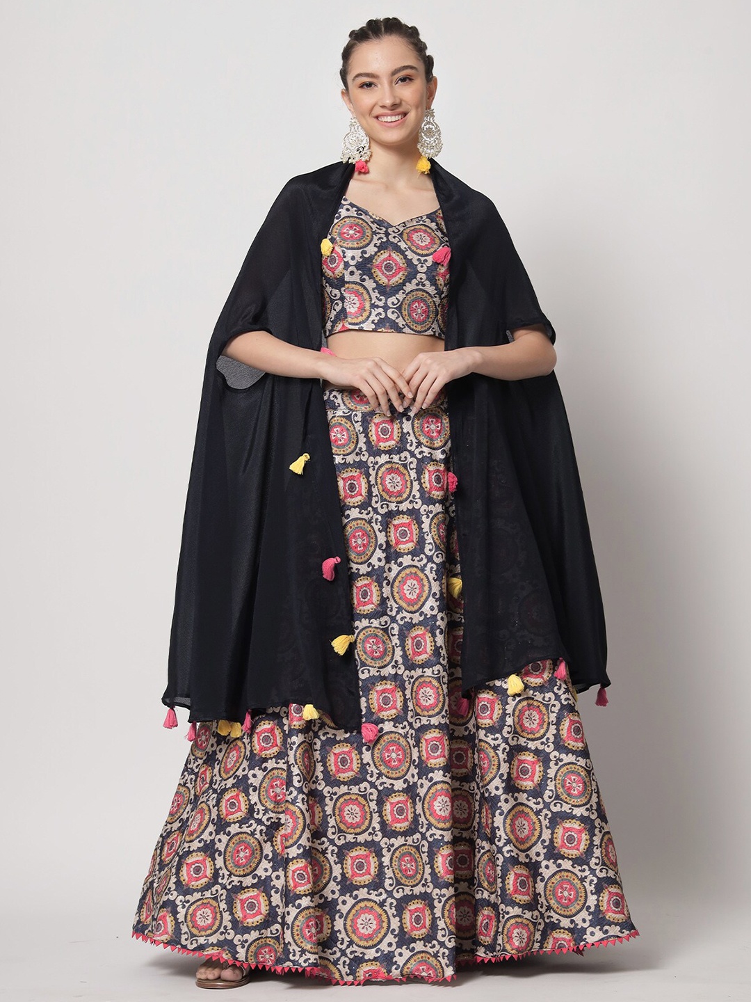 

ODETTE Printed Semi-Stitched Lehenga & Unstitched Blouse With Dupatta, Navy blue