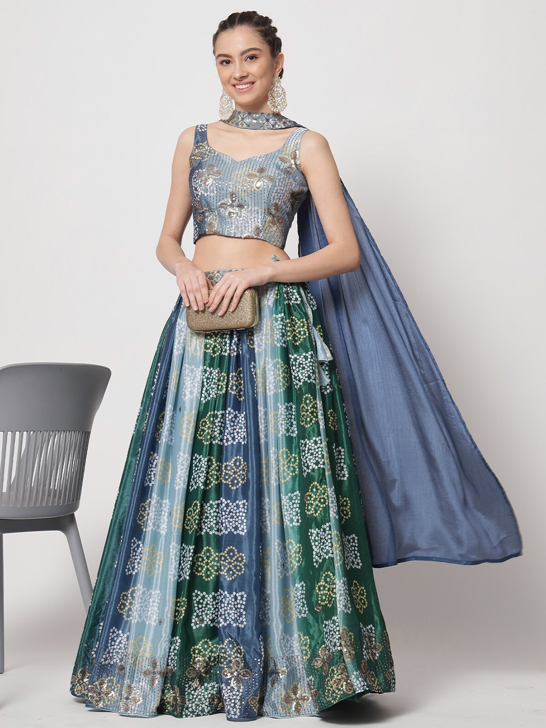 

ODETTE Printed Semi-Stitched Lehenga & Unstitched Blouse With Dupatta, Green