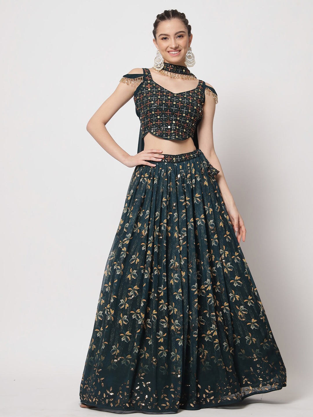 

ODETTE Floral Printed Sequinned Semi-Stitched Lehenga & Unstitched Blouse With Dupatta, Green