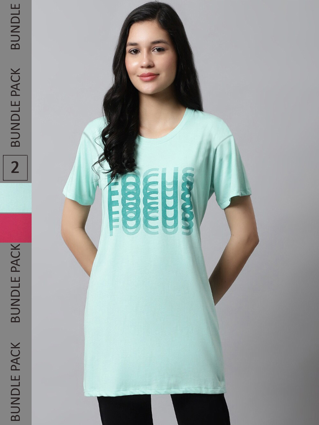 

Kanvin Pack Of 2 Green & Pink Printed Round Neck Loose Longline T-shirt