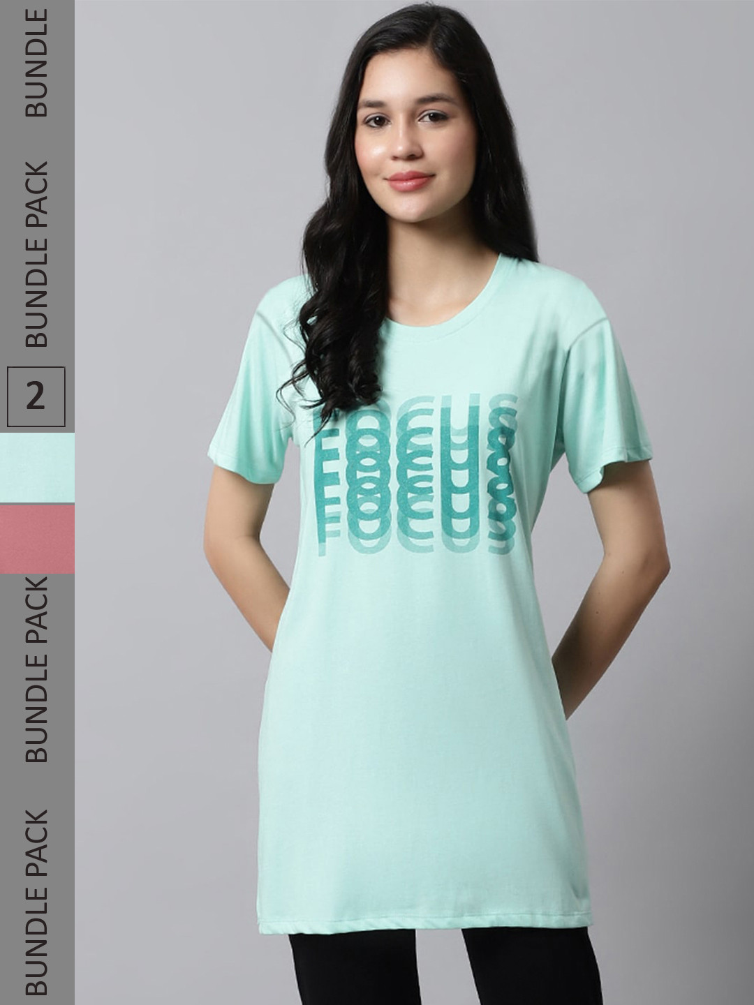 

Kanvin Pack Of 2 Green & Pink Printed Round Neck Loose Longline T-shirt