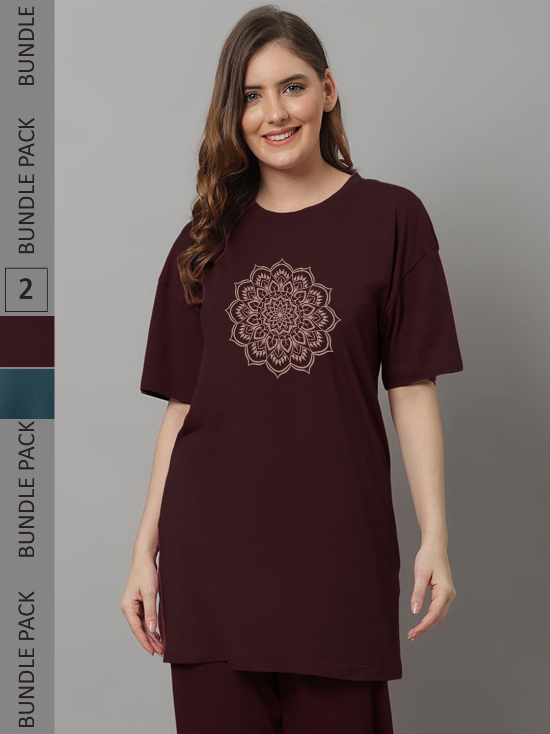 

Kanvin Brown & Teal Green Pack Of 2 Printed Drop-Shoulder Sleeves Lounge T-Shirts