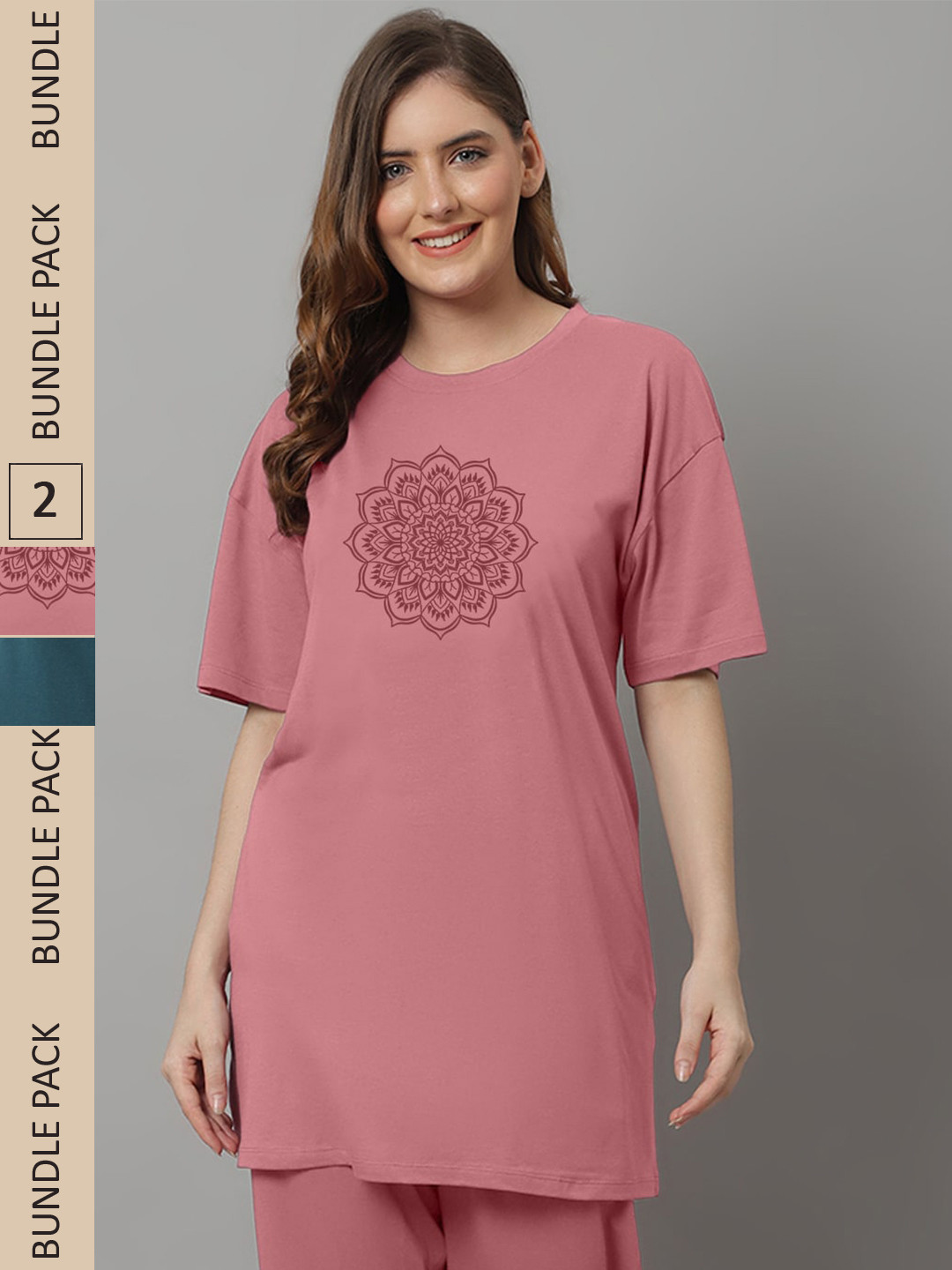 

Kanvin Pack of 2 Green & Pink Typography Printed Longline Oversized Modal T-shirt, Teal