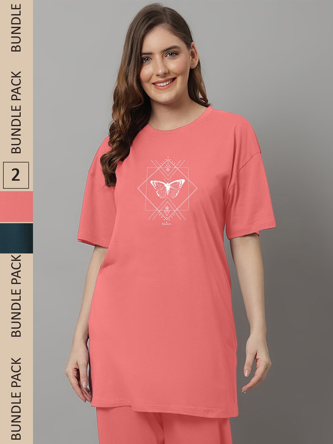 

Kanvin Pack of 2 Peach & Teal Blue Typography Printed Oversized Longline T-shirt