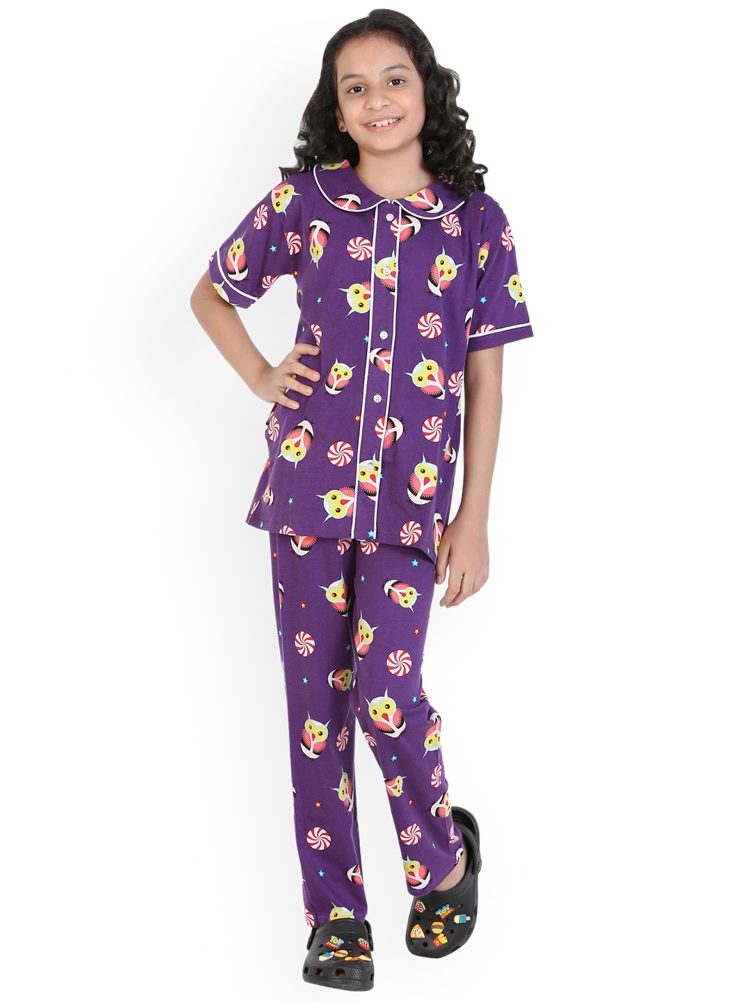 

Ninos Dreams Girls Conversational Printed Pure Cotton Night Suit, Purple