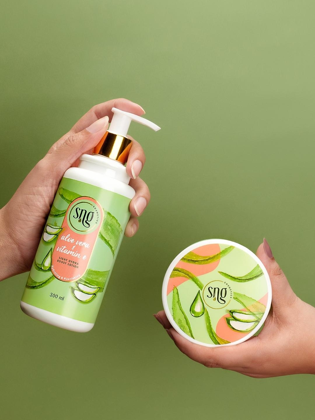 

SNG Cosmetics Light Hydra Boost Body Lotion 300ml & Face Gel 150ml with Aloevera & Vit E, Green