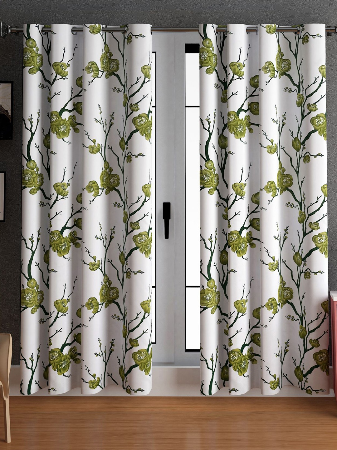 

LA VERNE Green & White 2 Pieces Floral Printed Door Curtains