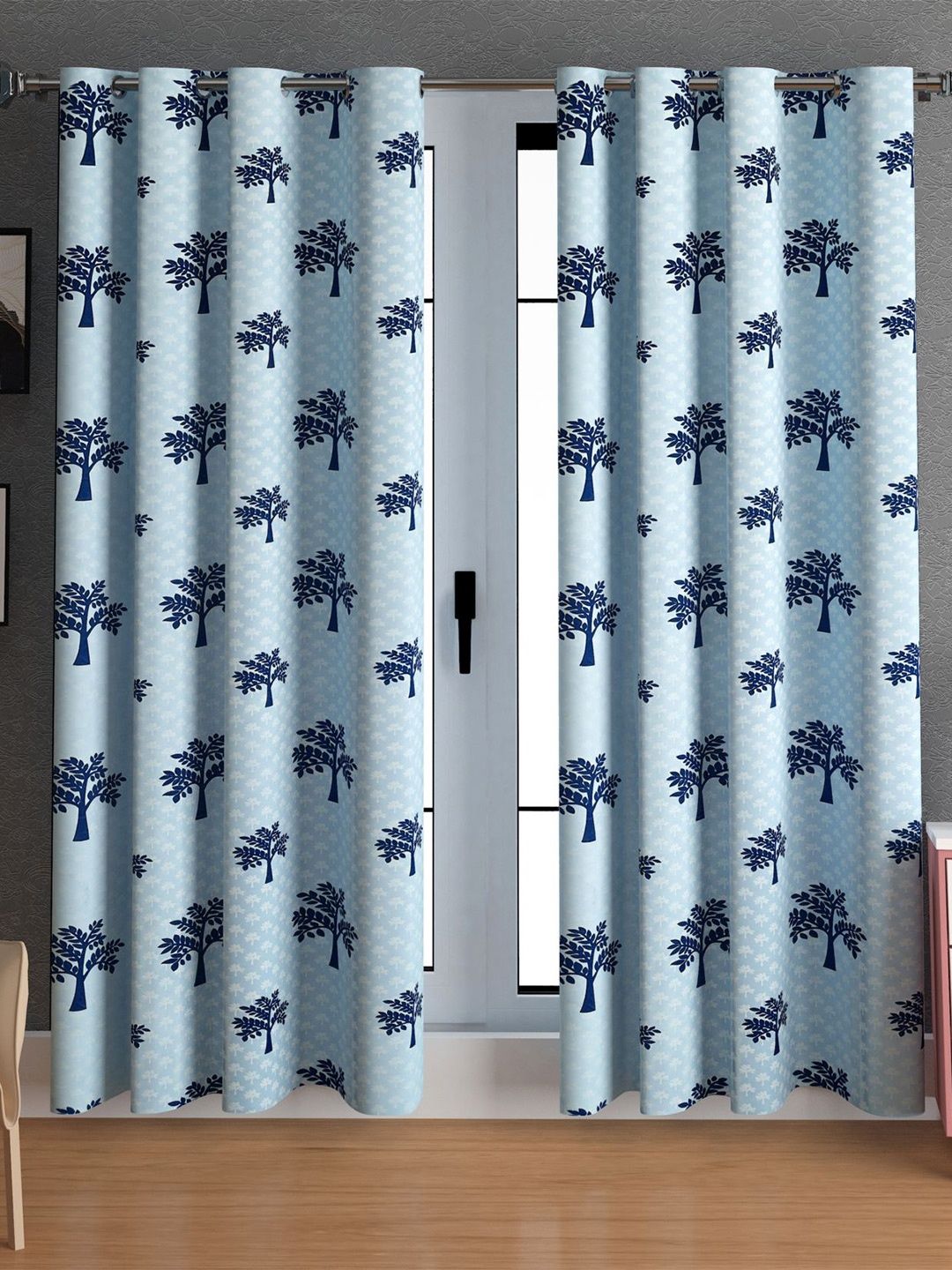 

LA VERNE Blue & White 2 Pieces Floral Printed Door Curtains