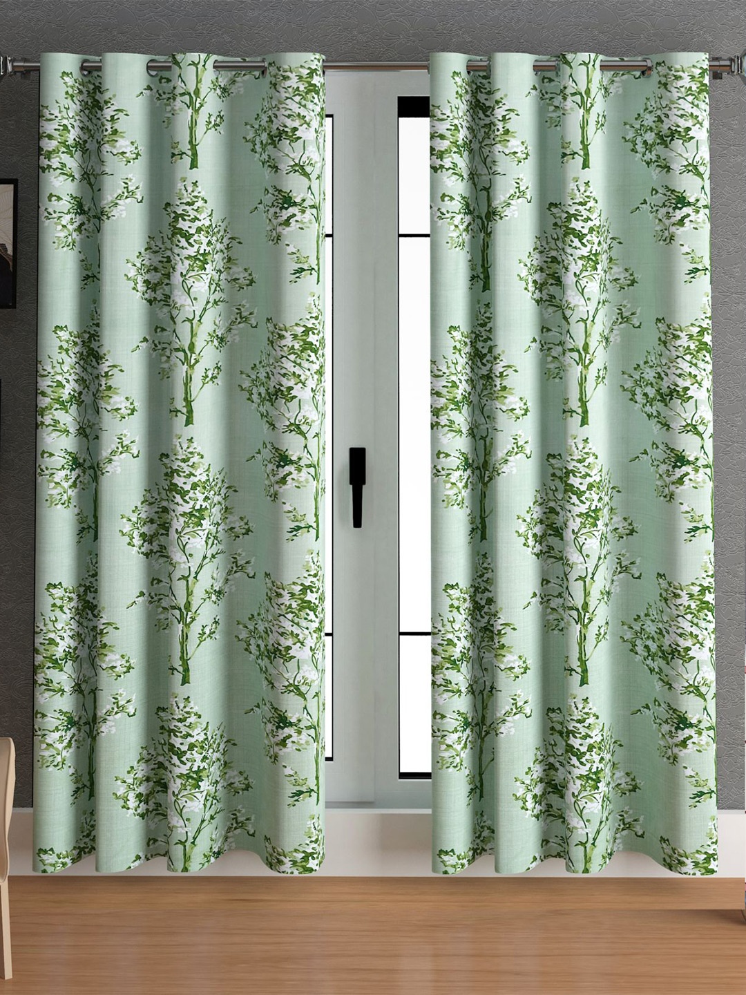 

LA VERNE Green & White 2 Pieces Floral Printed Door Curtains