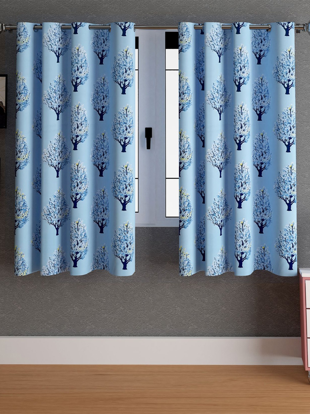 

LA VERNE Blue & White 2 Pieces Floral Printed Window Curtain