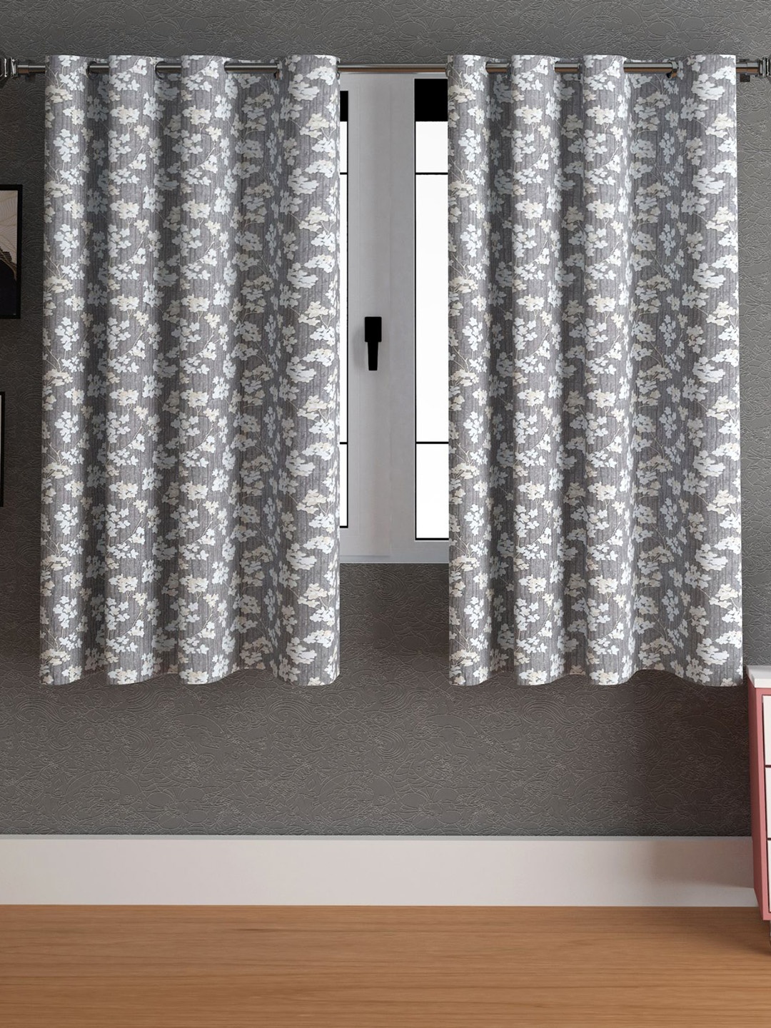 

LA VERNE Grey & White 2 Pieces Floral Window Curtains