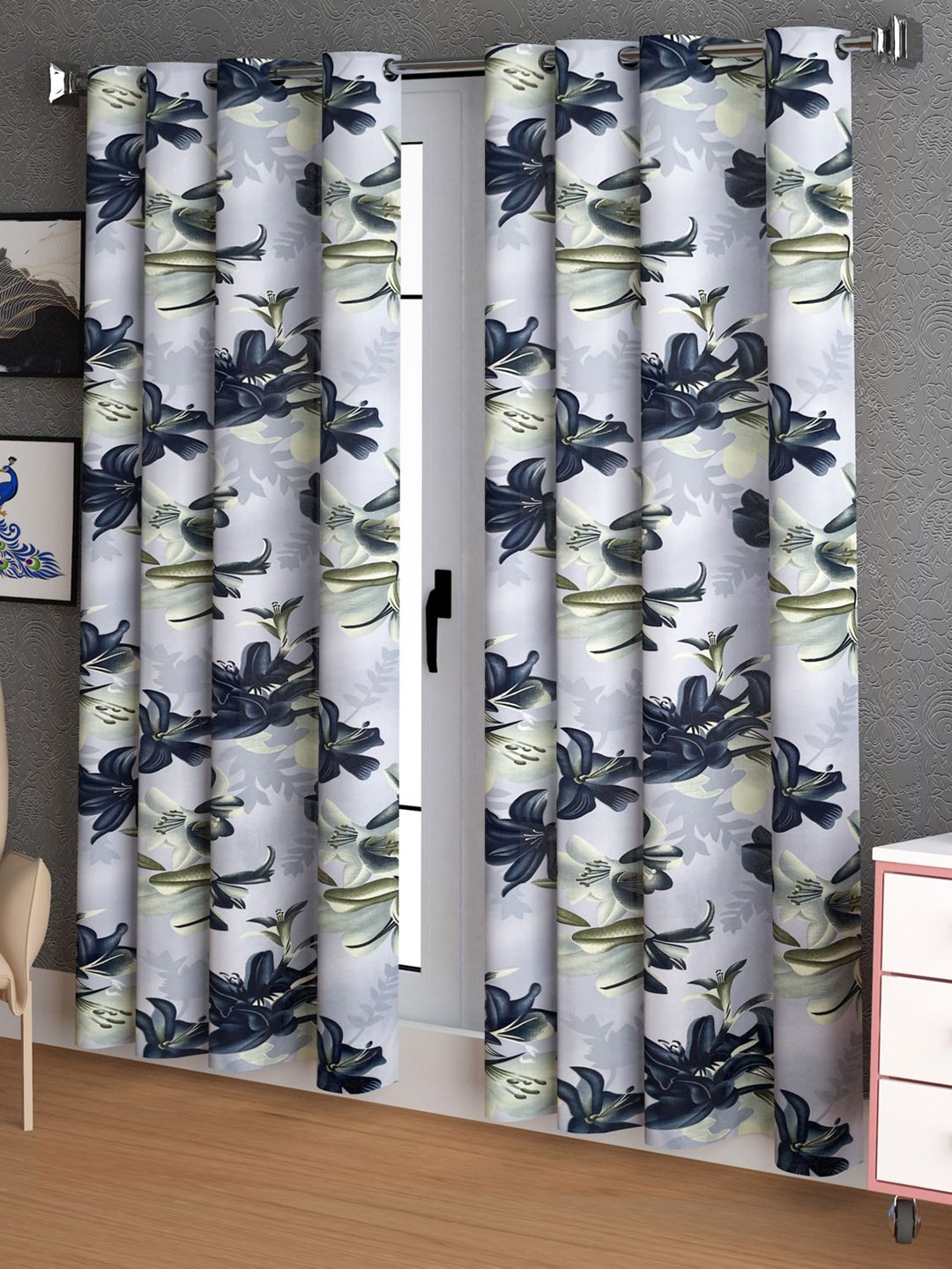 

LA VERNE Grey & Green 2 Pieces Floral Door Curtains