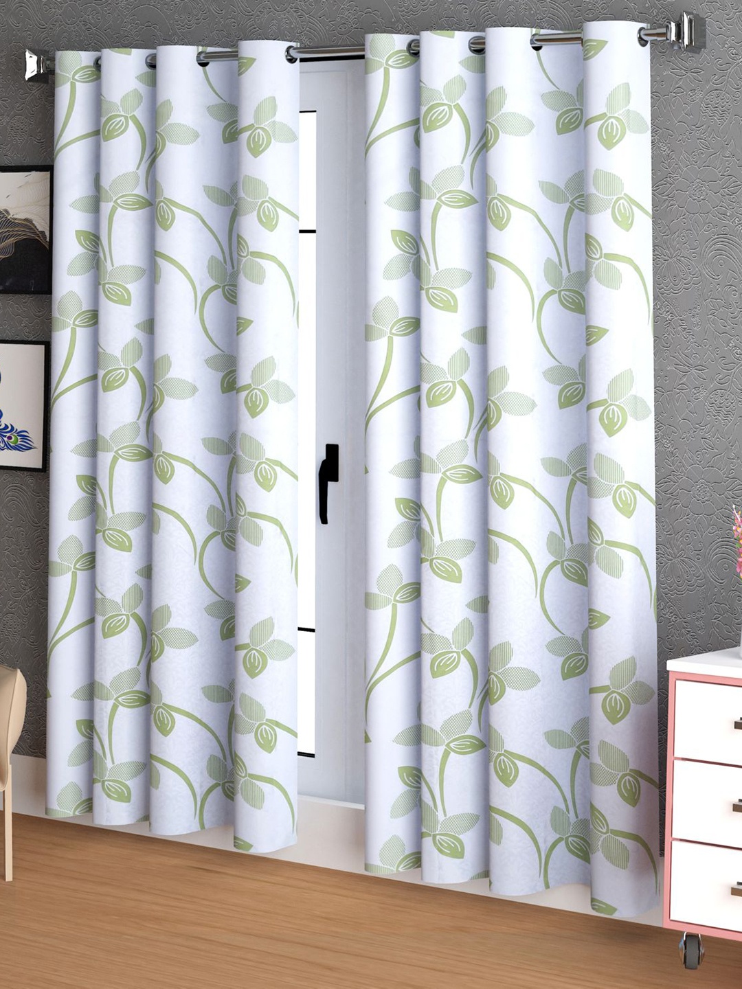 

LA VERNE Green & Blue 2 Pieces Floral Door Curtains