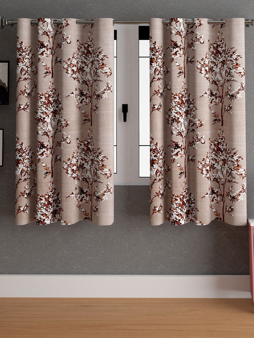 

LA VERNE Brown & White 2 Pieces Floral Window Curtains