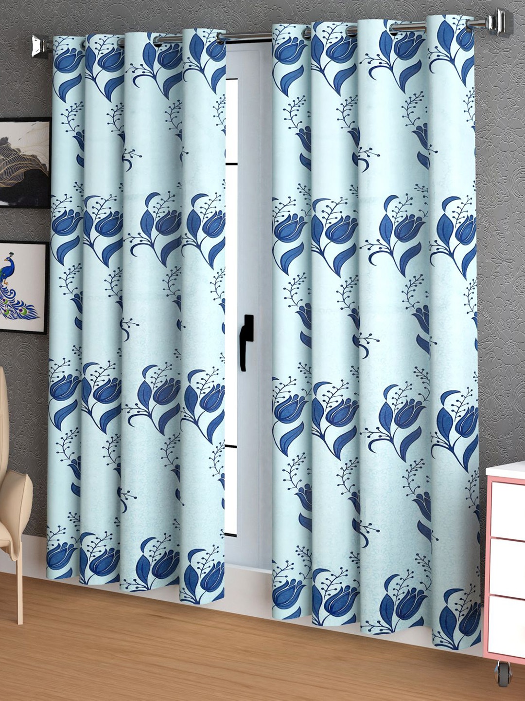 

LA VERNE Green & Blue 2 Pieces Floral Door Curtains