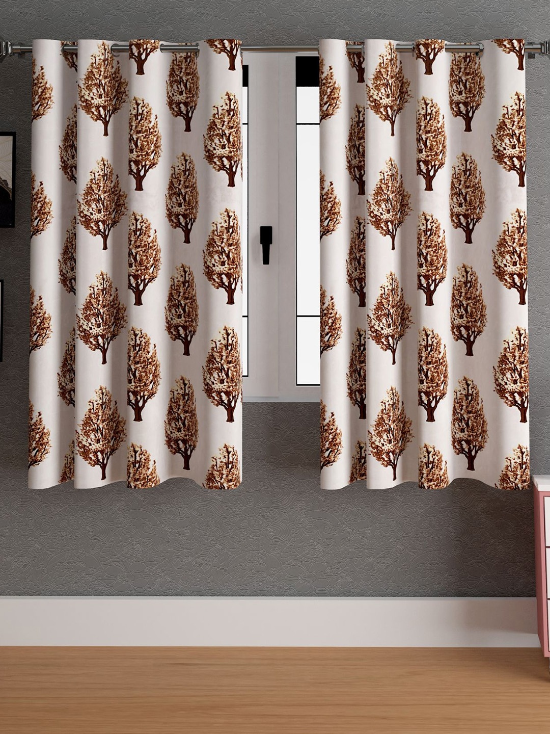 

LA VERNE Brown & Cream Coloured 2 Pieces Floral Window Curtains