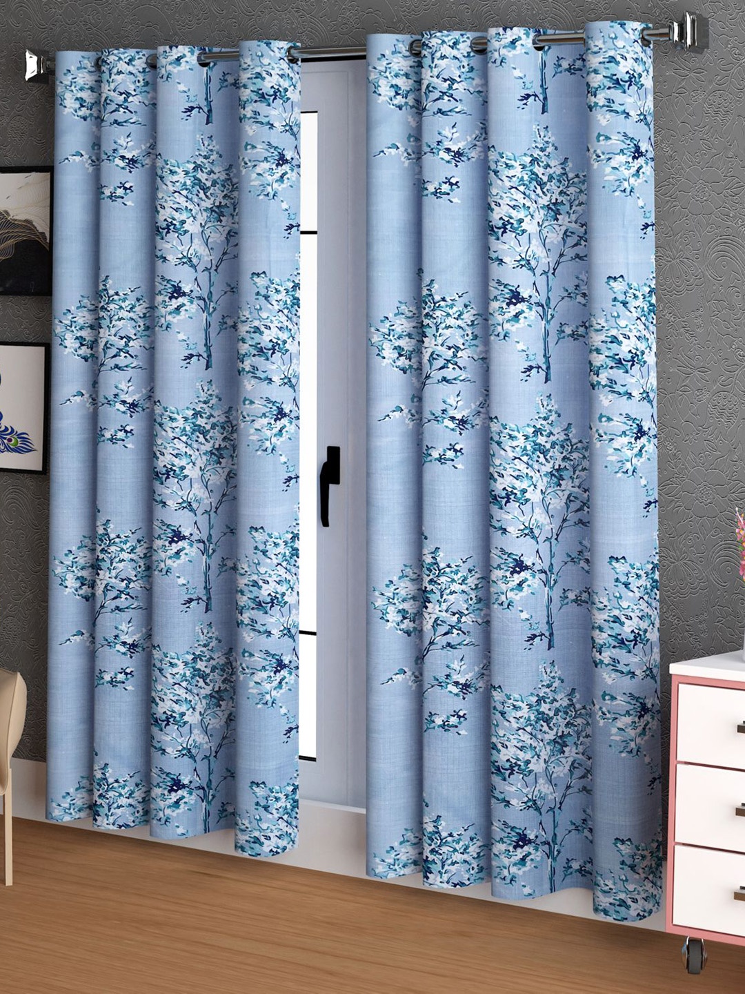 

LA VERNE Blue & White 2 Pieces Floral Door Curtains
