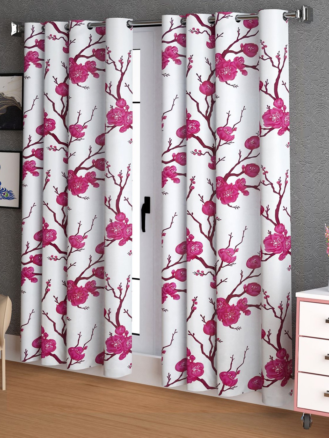 

LA VERNE Pink & White 2 Pieces Floral Door Curtains