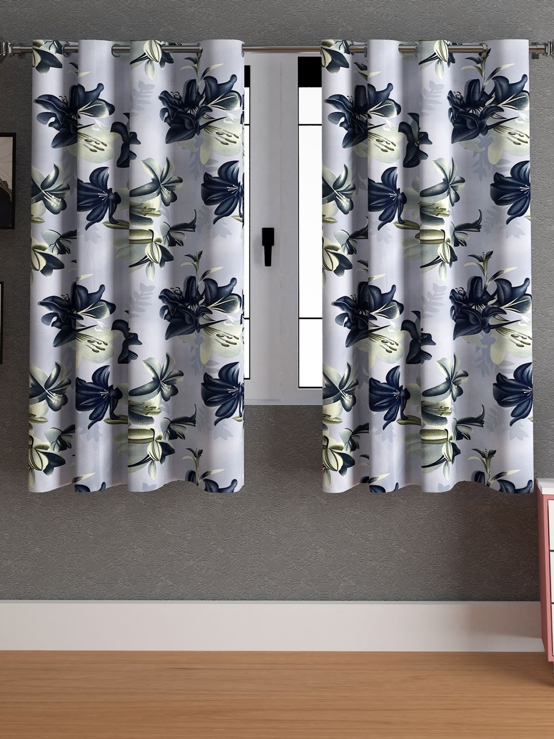 

LA VERNE Grey & Blue 2 Pieces Floral Window Curtains