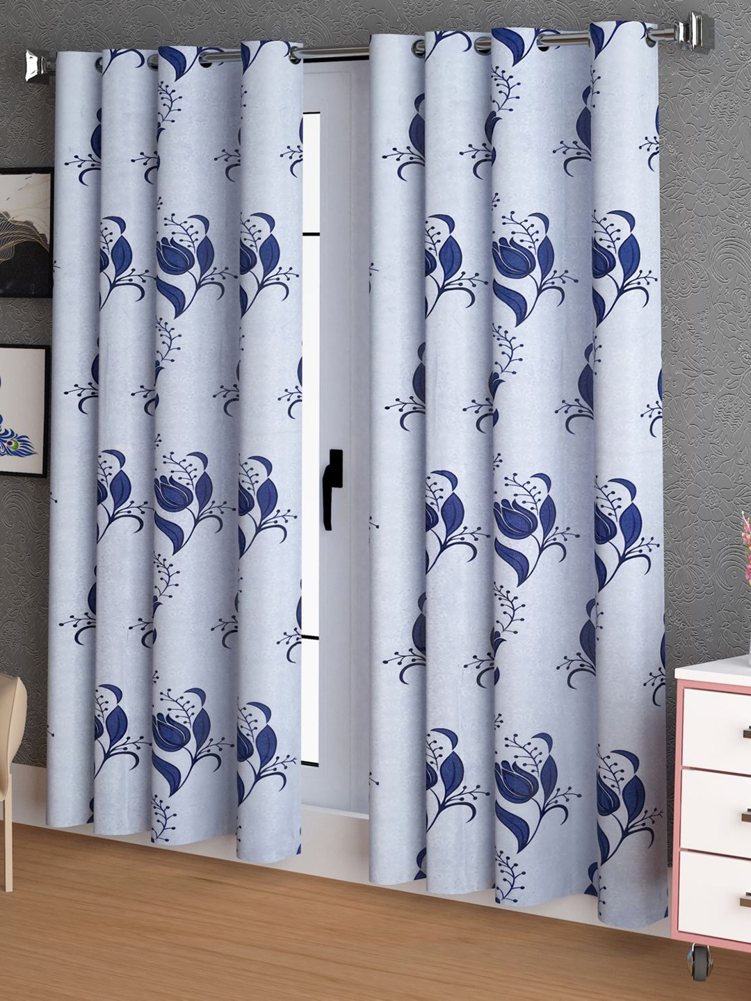 

LA VERNE Blue 2 Pieces Floral Door Curtains