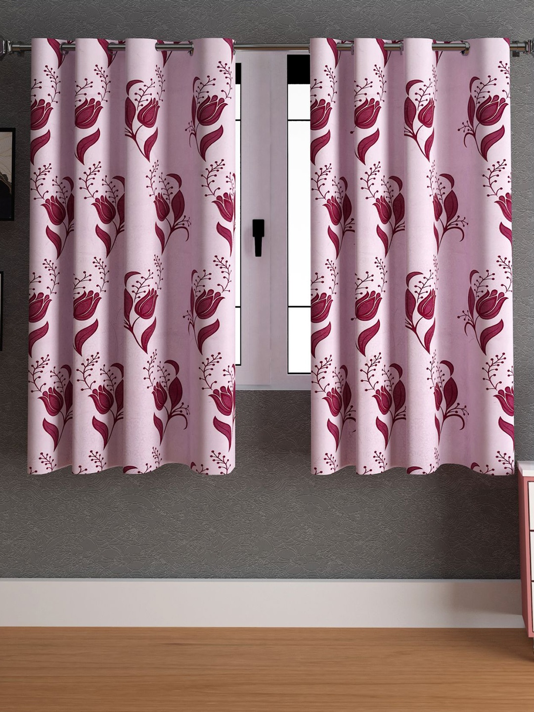 

LA VERNE Pink 2 Pieces Floral Window Curtains