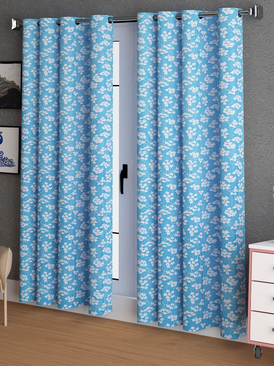 

LA VERNE Blue & White 2 Pieces Floral Door Curtains