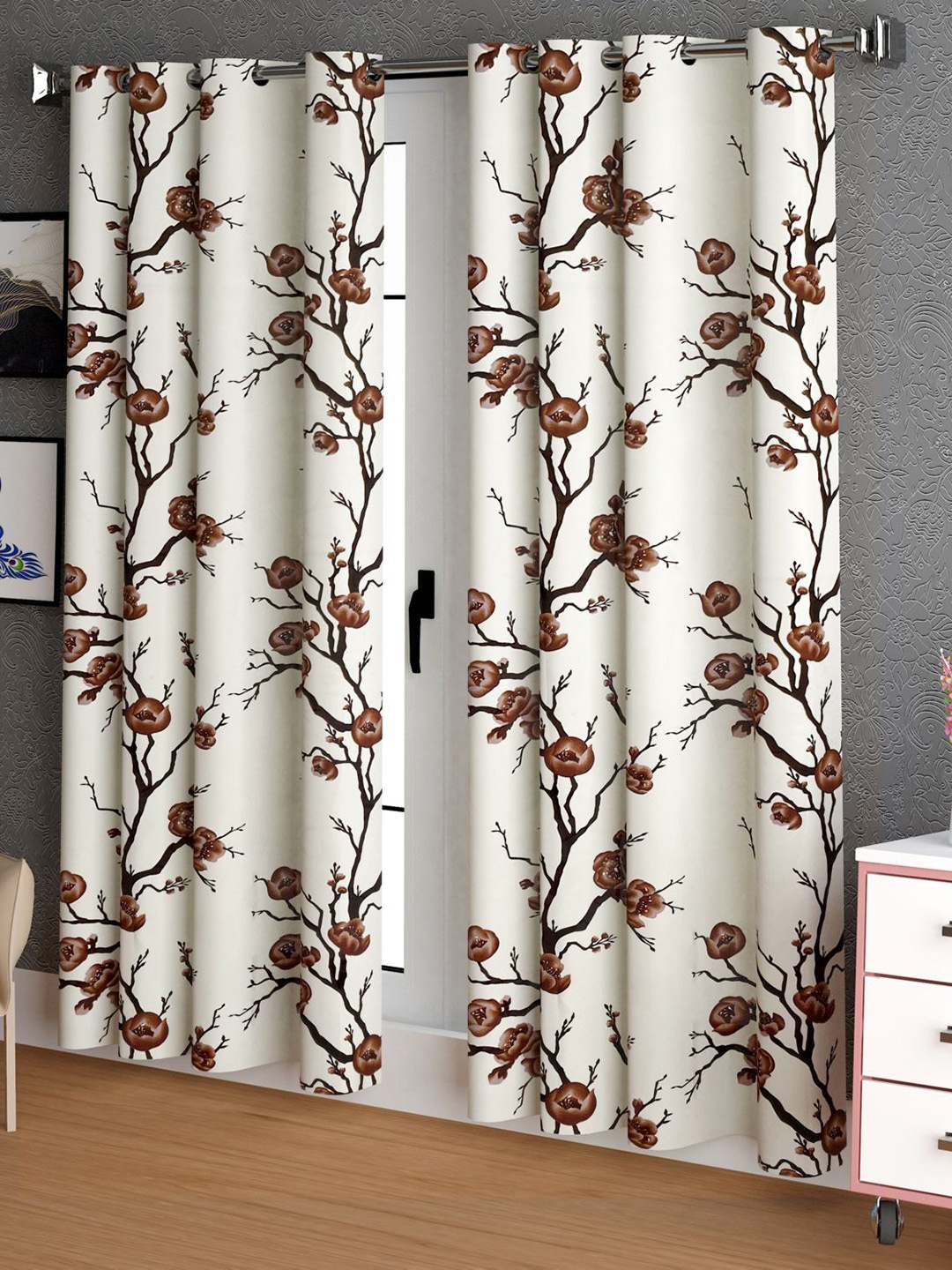 

LA VERNE Brown & Off White 2 Pieces Floral Door Curtains