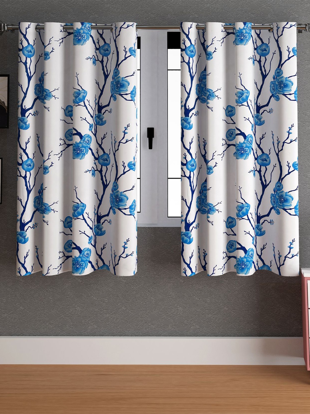 

LA VERNE Blue & Off White 2 Pieces Floral Window Curtains