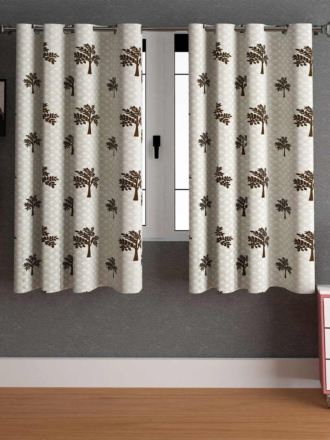 

LA VERNE Brown & White 2 Pieces Floral Window Curtains