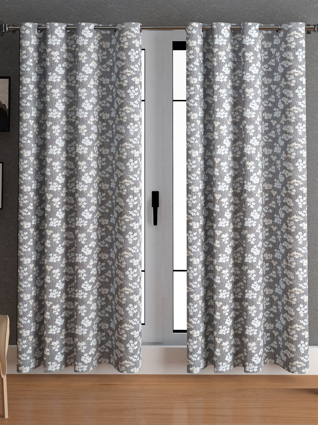 

LA VERNE Grey & White 2 Pieces Floral Door Curtains