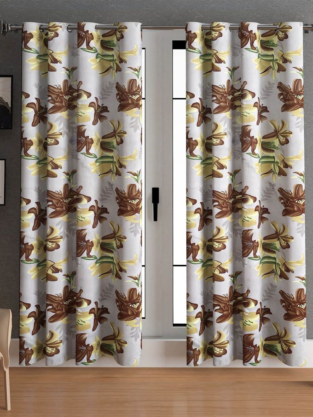 

LA VERNE Brown & White 2 Pieces Floral Door Curtains