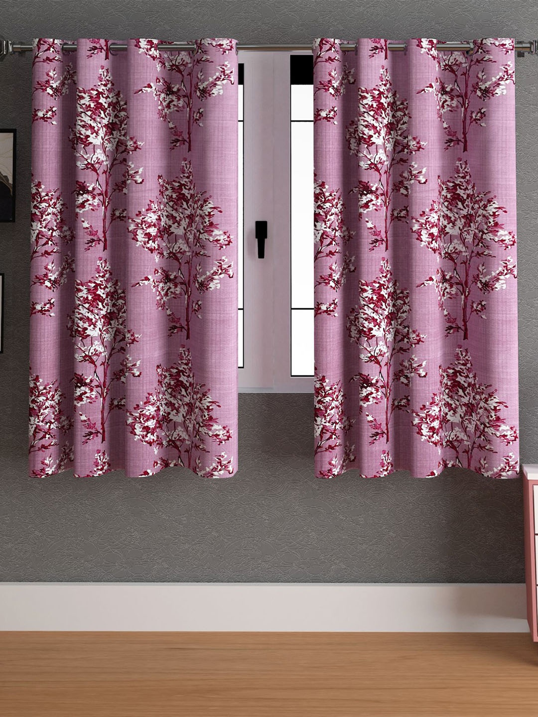 

LA VERNE Pink & White 2 Pieces Floral Window Curtains