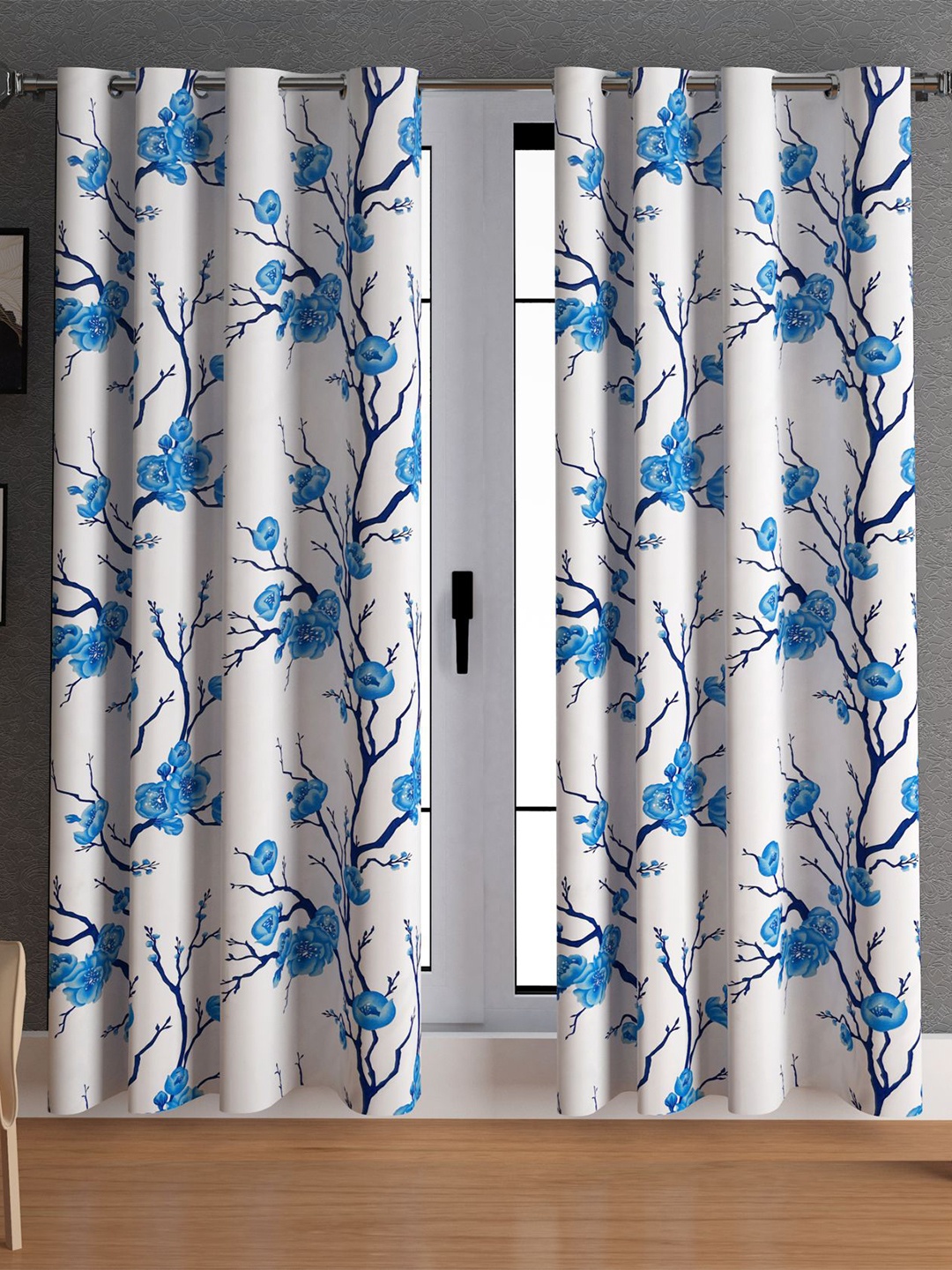 

LA VERNE Blue & White 2 Pieces Floral Door Curtains