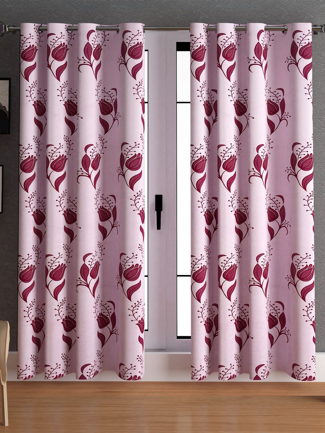 

LA VERNE Pink & Maroon 2 Pieces Floral Door Curtains