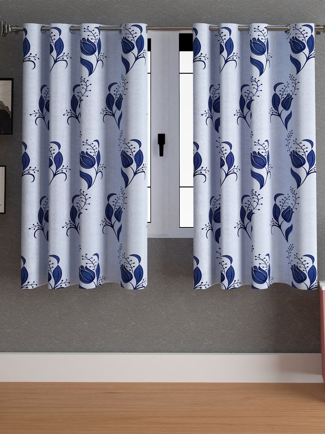 

LA VERNE Blue & White 2 Pieces Floral Window Curtains