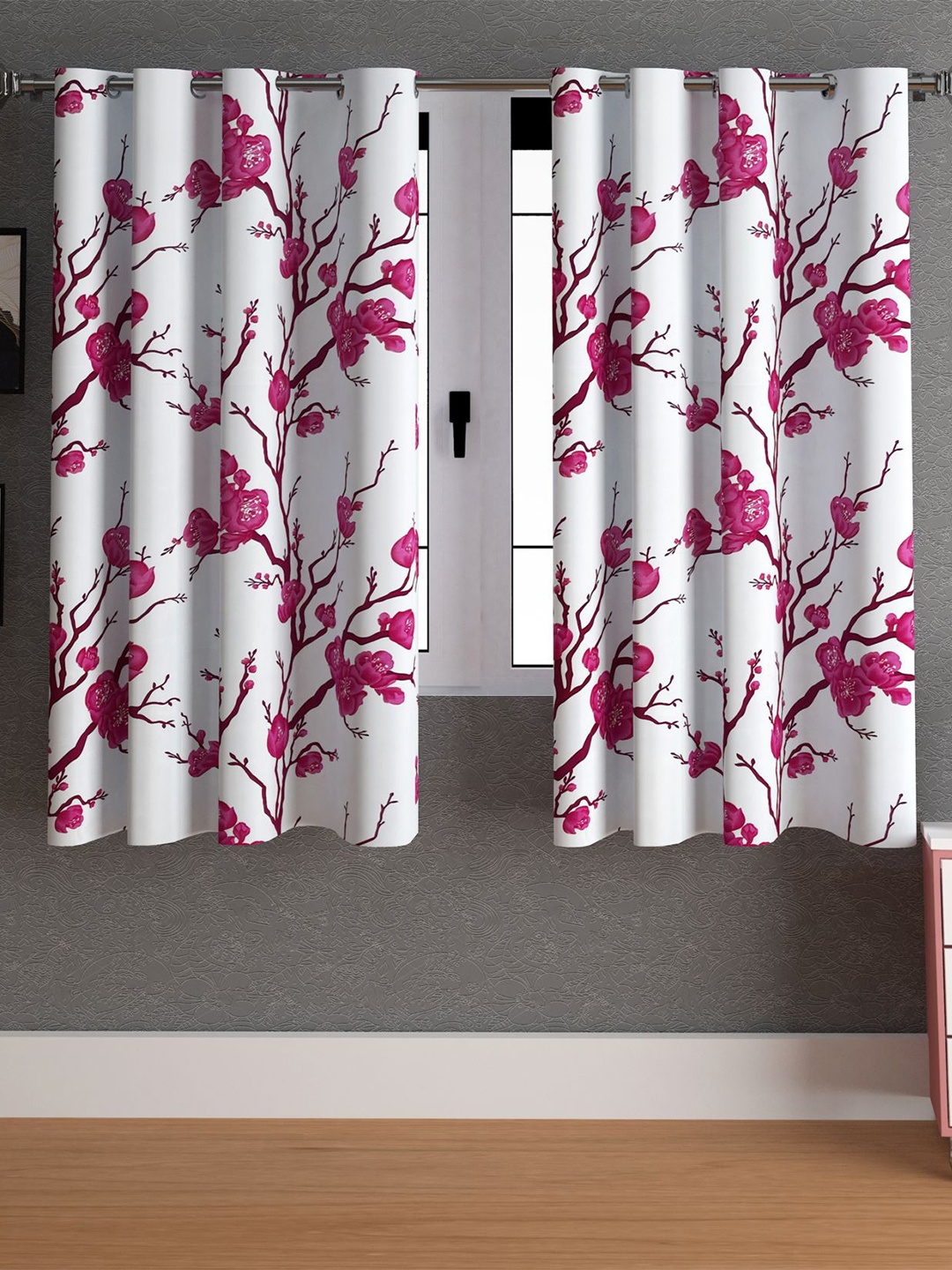 

LA VERNE Pink & White 2 Pieces Floral Window Curtains