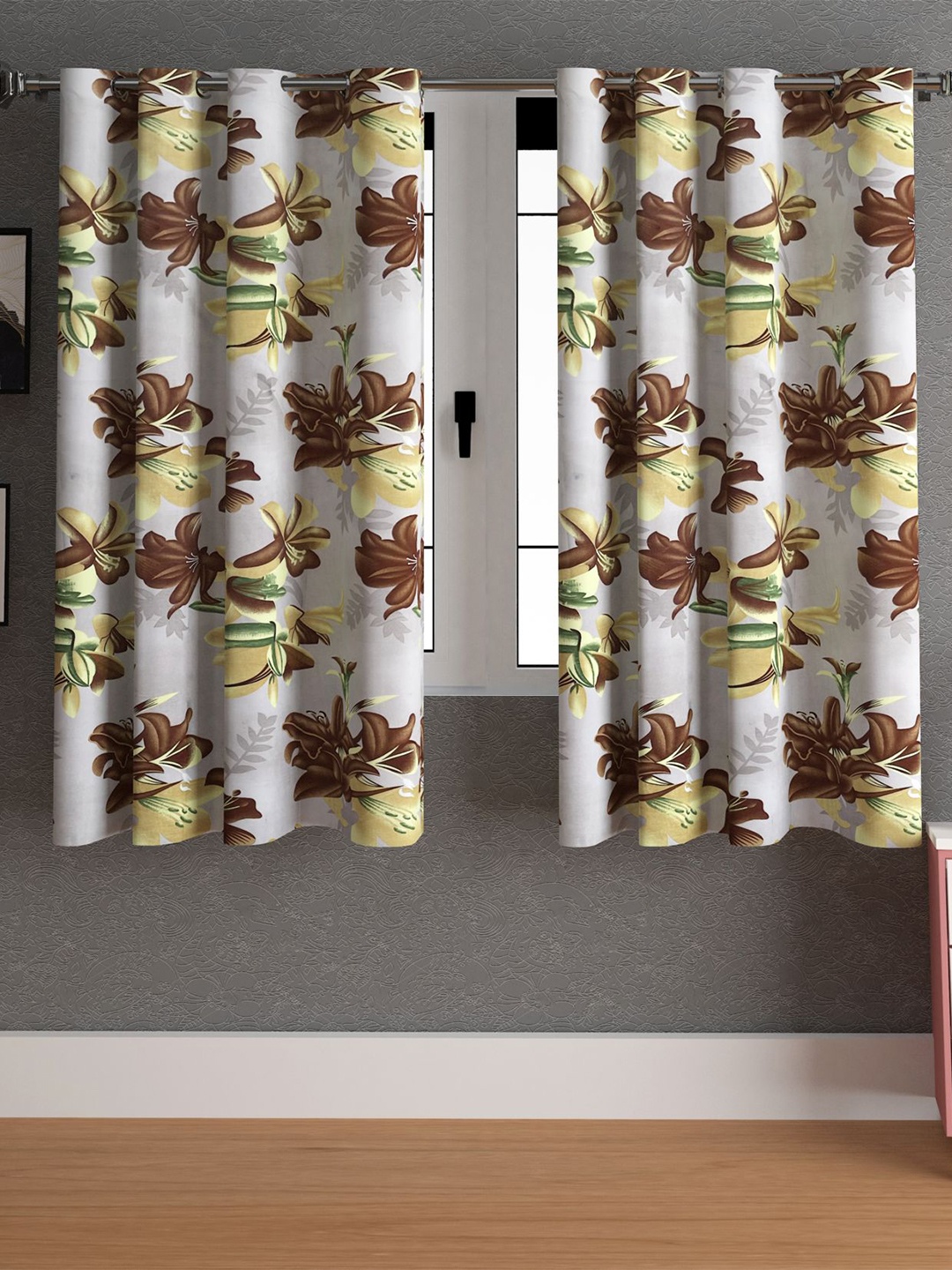 

LA VERNE Brown & Yellow 2 Pieces Floral Window Curtains