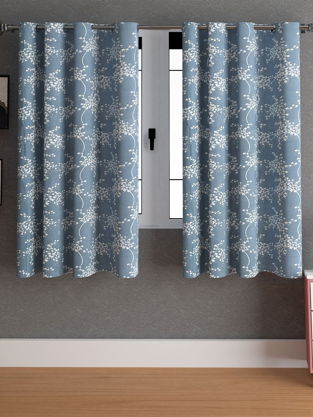 

LA VERNE Grey & White 2 Pieces Floral Window Curtains