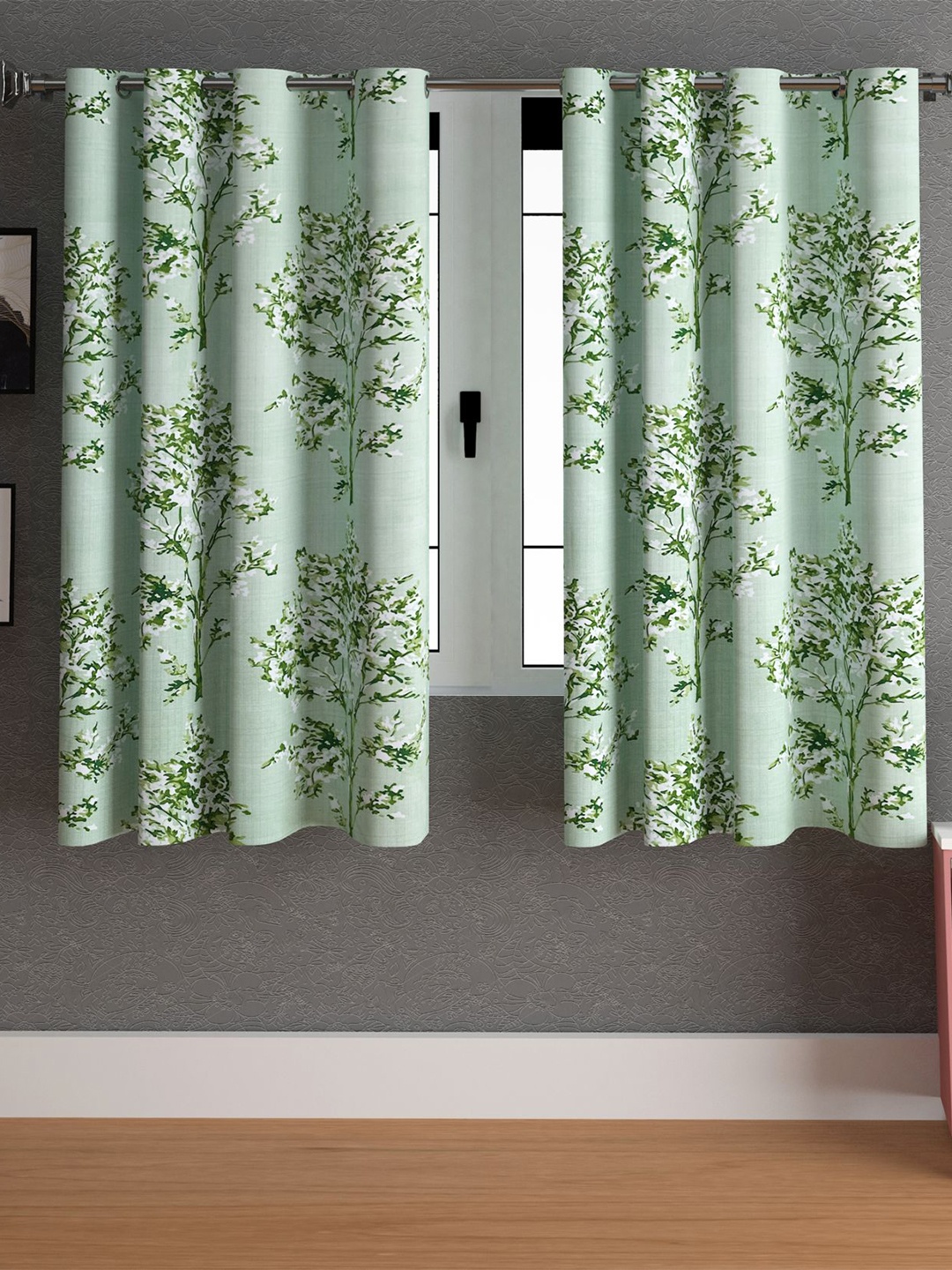 

LA VERNE Green & White 2 Pieces Floral Window Curtains