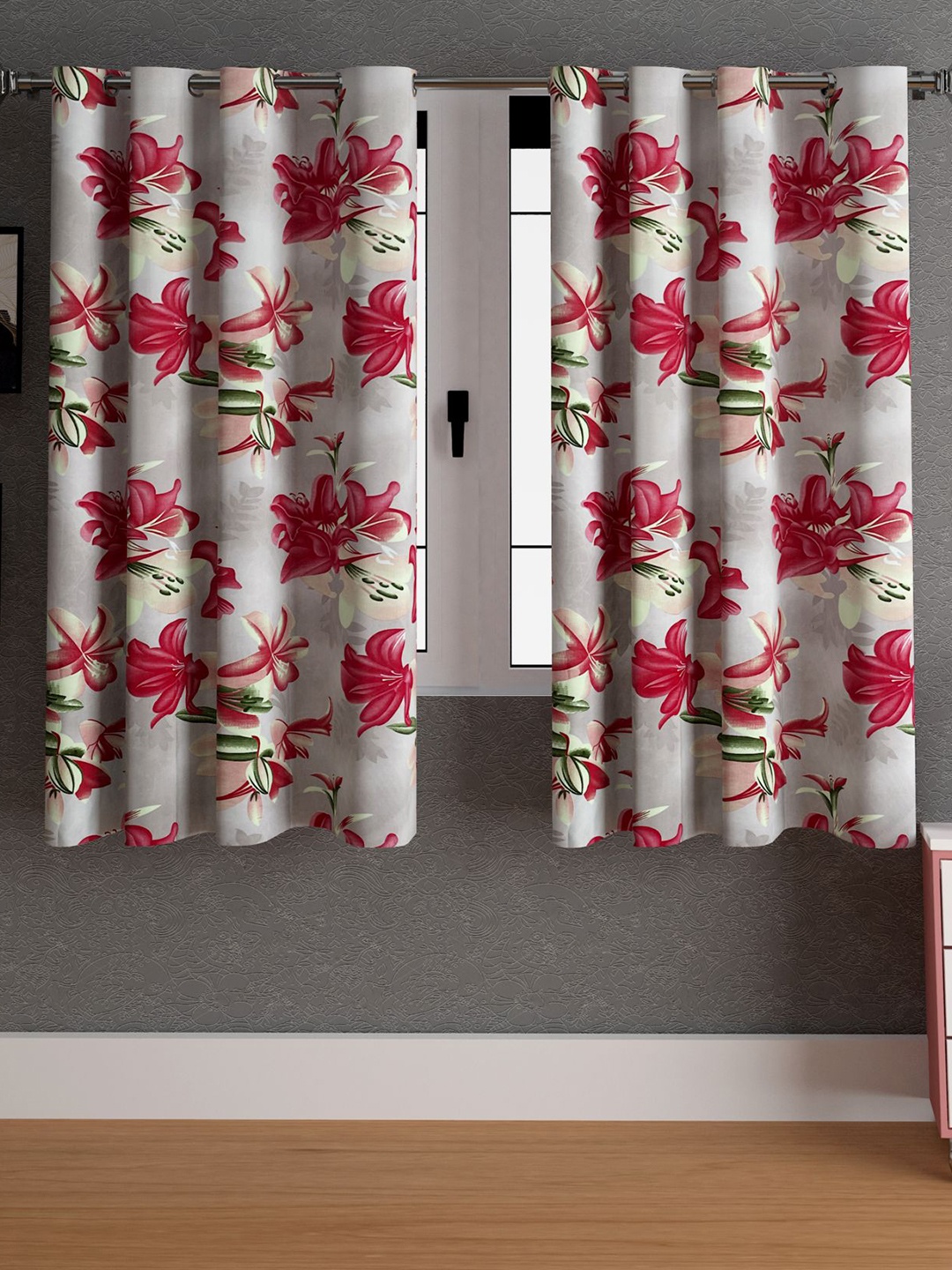 

LA VERNE Maroon & Green 2 Pieces Floral Window Curtains