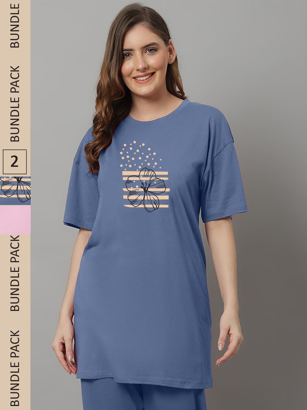 

Kanvin Blue & Pink Pack of 2 Printed Oversized Fit Longline T-shirt