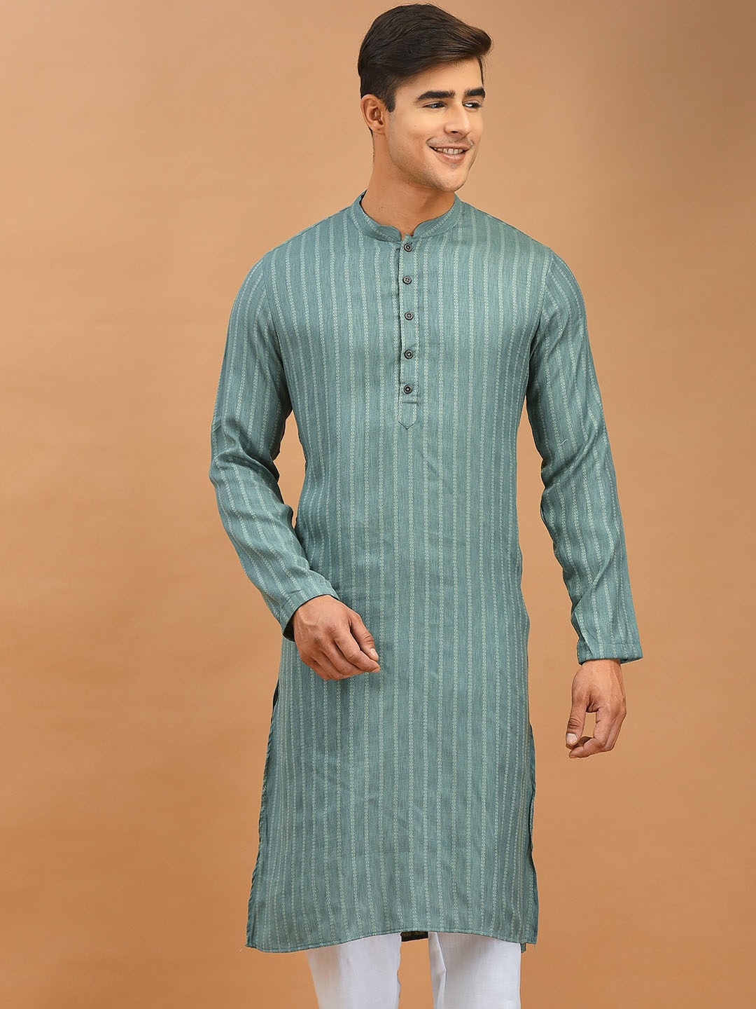 

DEYANN Ethnic Motifs Woven Design Mandarin Collar Jacquard Kurta, Green