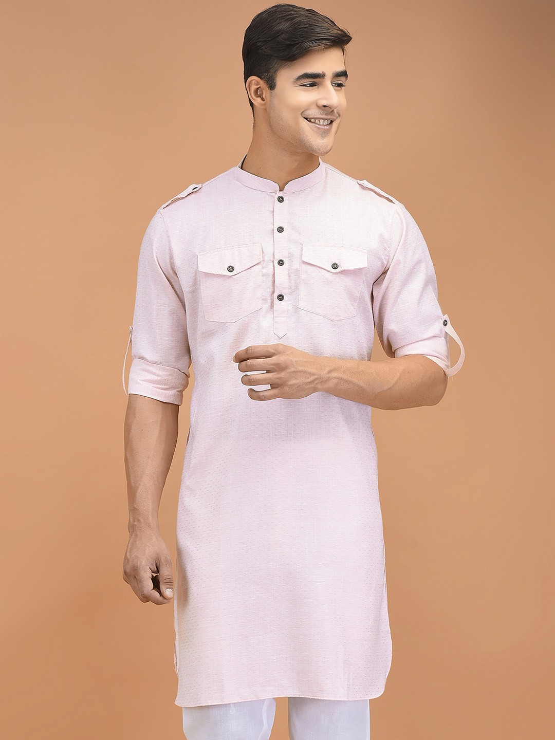 

DEYANN Mandarin Collar Jacquard Pathani Kurta, Pink