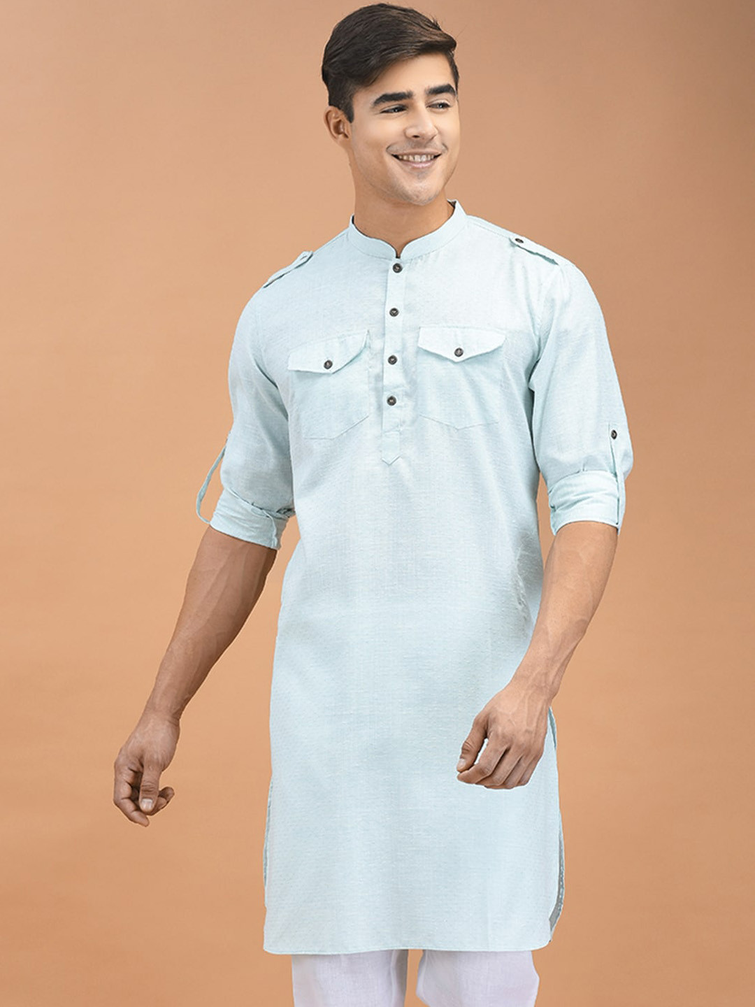 

DEYANN Mandarin Collar Roll Up Sleeves Pure Cotton Pathani Kurta, Green