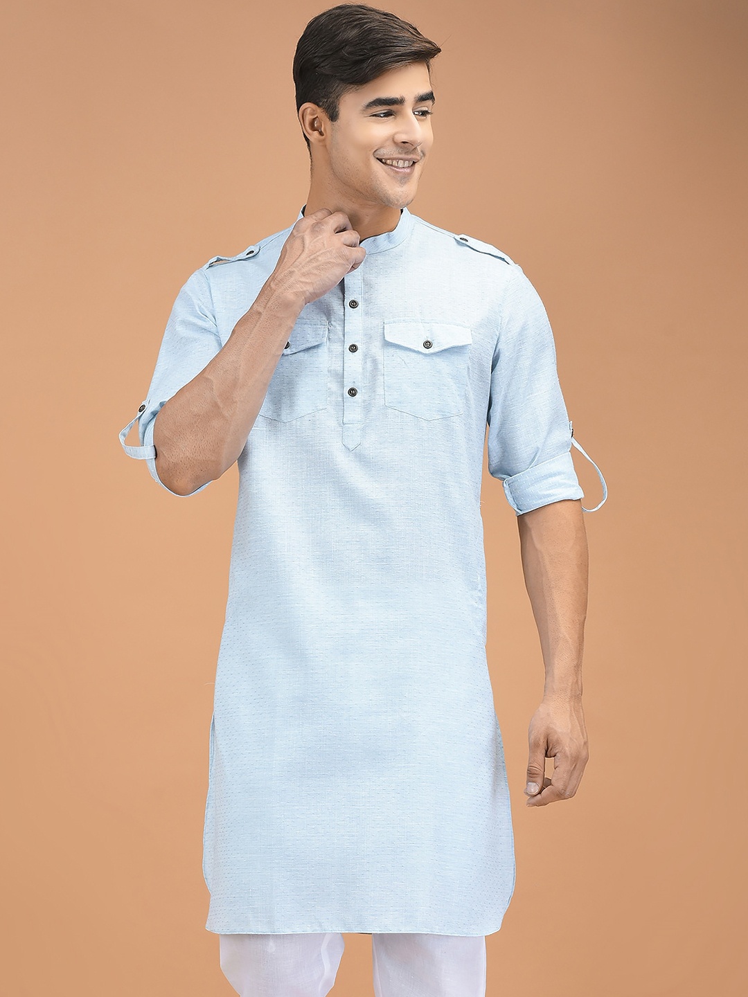 

DEYANN Mandarin Collar Roll Up Sleeves Pure Cotton Pathani Kurta, Blue